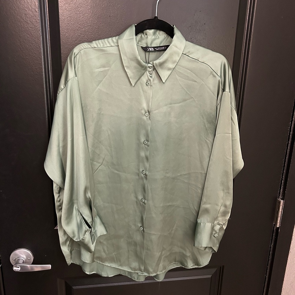 Zara Green Satin Effect Blouse Size Small
